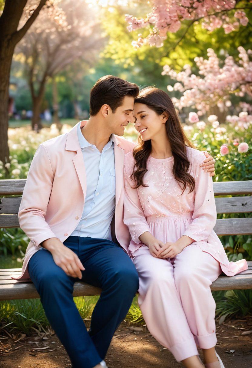 A serene couple sitting on a park bench, sharing a soft smile, surrounded by blooming flowers and warm sunlight filtering through the trees. Soft touches of pink and pastel colors represent tenderness in their bond, while gentle birds flutter nearby, symbolizing affection. Include subtle heart shapes in the background to enhance the romantic theme. super-realistic. vibrant colors. soft focus.