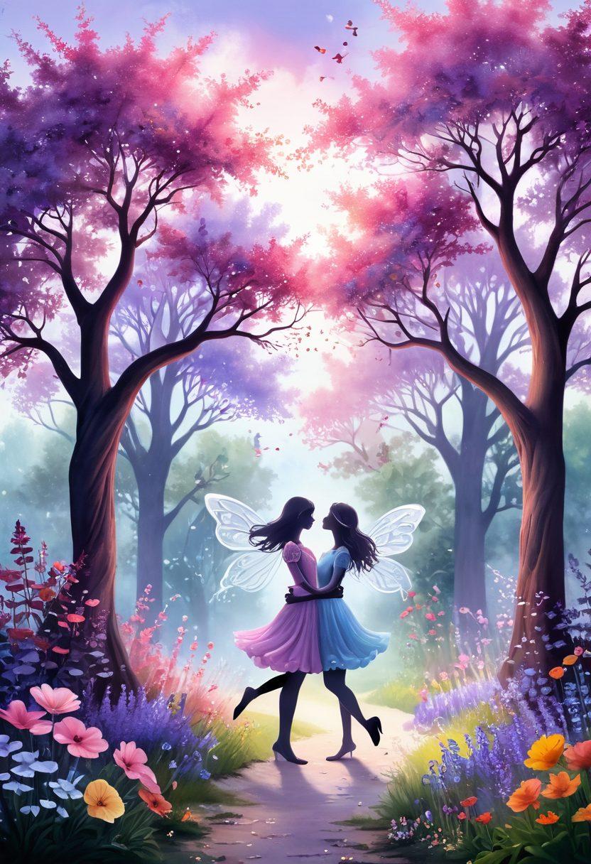 A dreamlike garden filled with oversized, colorful flowers and two heart-shaped trees, intertwining their branches. Soft pastel colors set a romantic atmosphere, with whimsical creatures like fairies and doves playfully fluttering around. A couple is depicted, joyously embracing, surrounded by a gentle swirl of sparkling fairy dust. The sky is a soft gradient of pink and lavender, enhancing the dreamy feel of the scene. vibrant colors. painting.